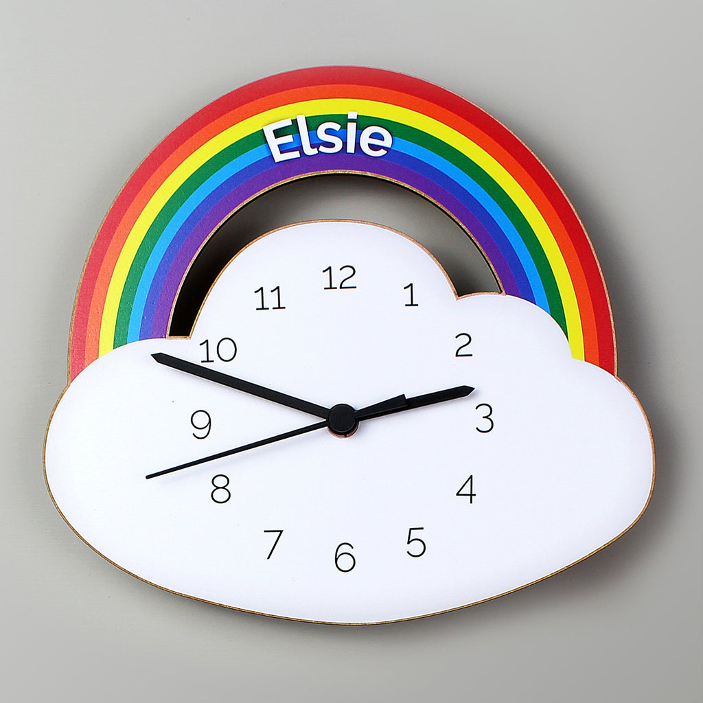Personalised Rainbow And Cloud Shape Wooden Clock