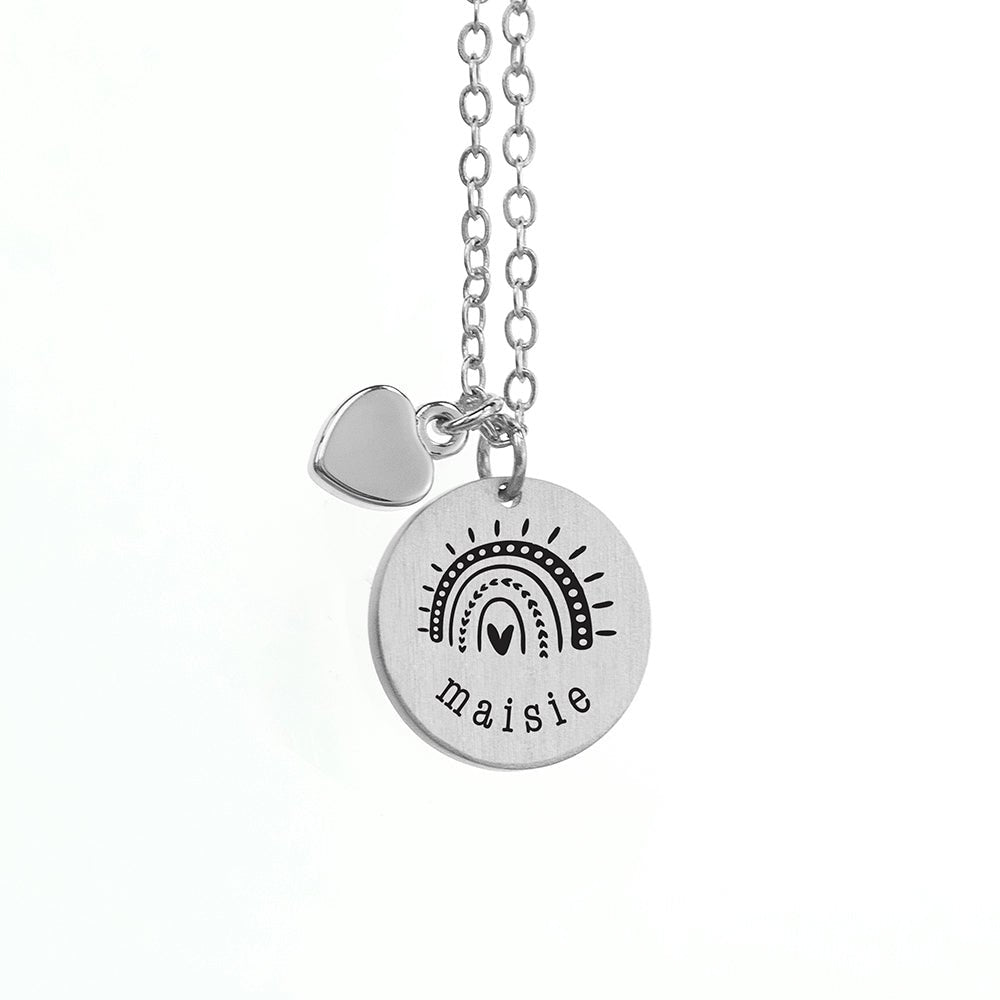 Personalised Rainbow Matte Heart & Disc Necklace