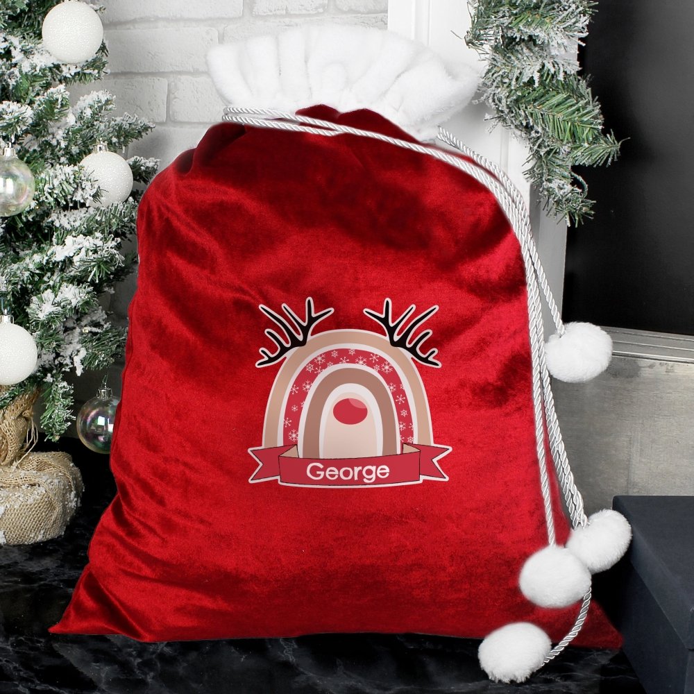 Personalised Rainbow Reindeer Luxury Pom Pom Red Children's Christmas Sack