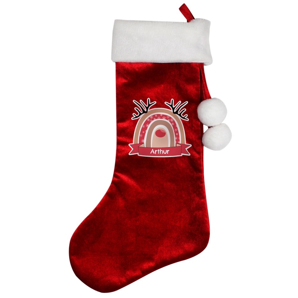 Personalised Rainbow Reindeer Luxury Red Stocking