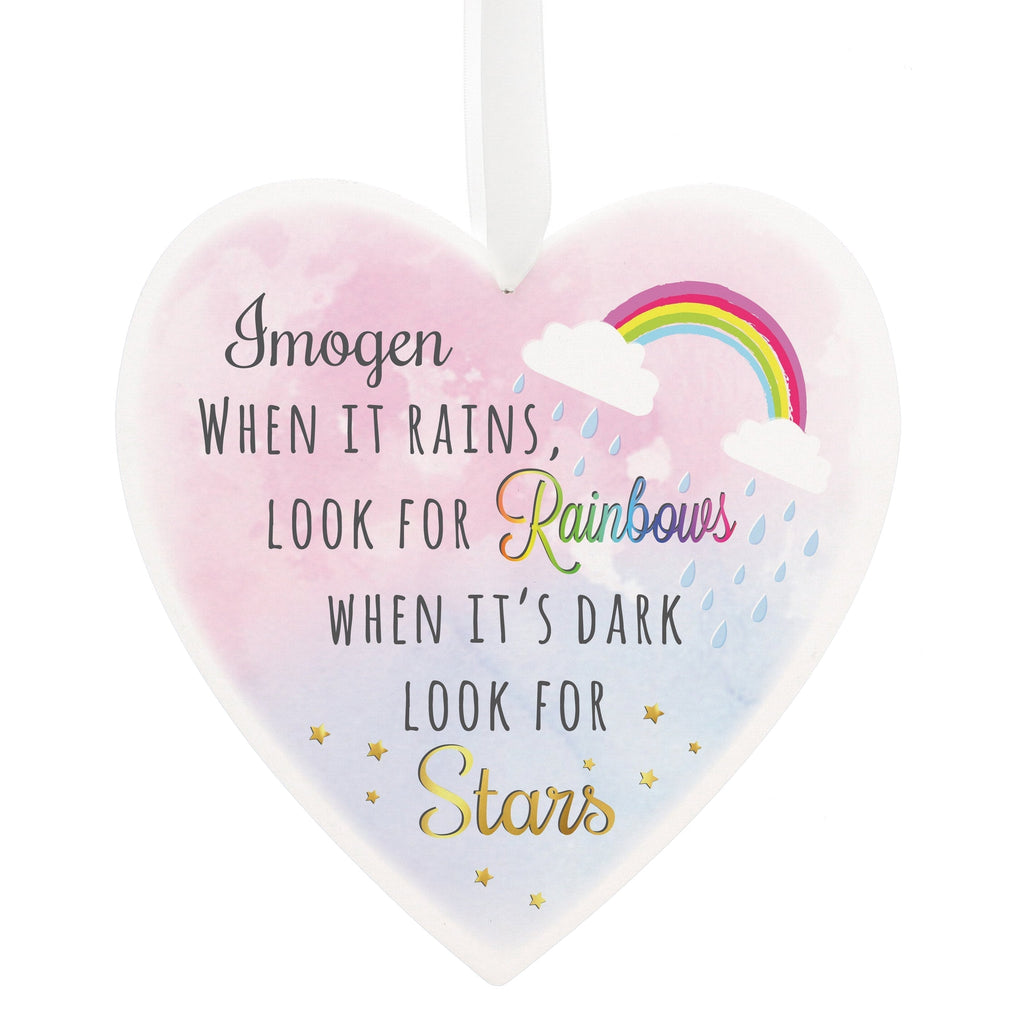 Personalised Rainbows And Stars Large Wooden Heart Decoration