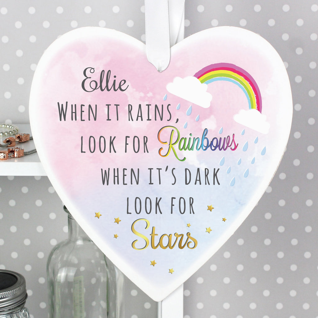 Personalised Rainbows And Stars Large Wooden Heart Decoration