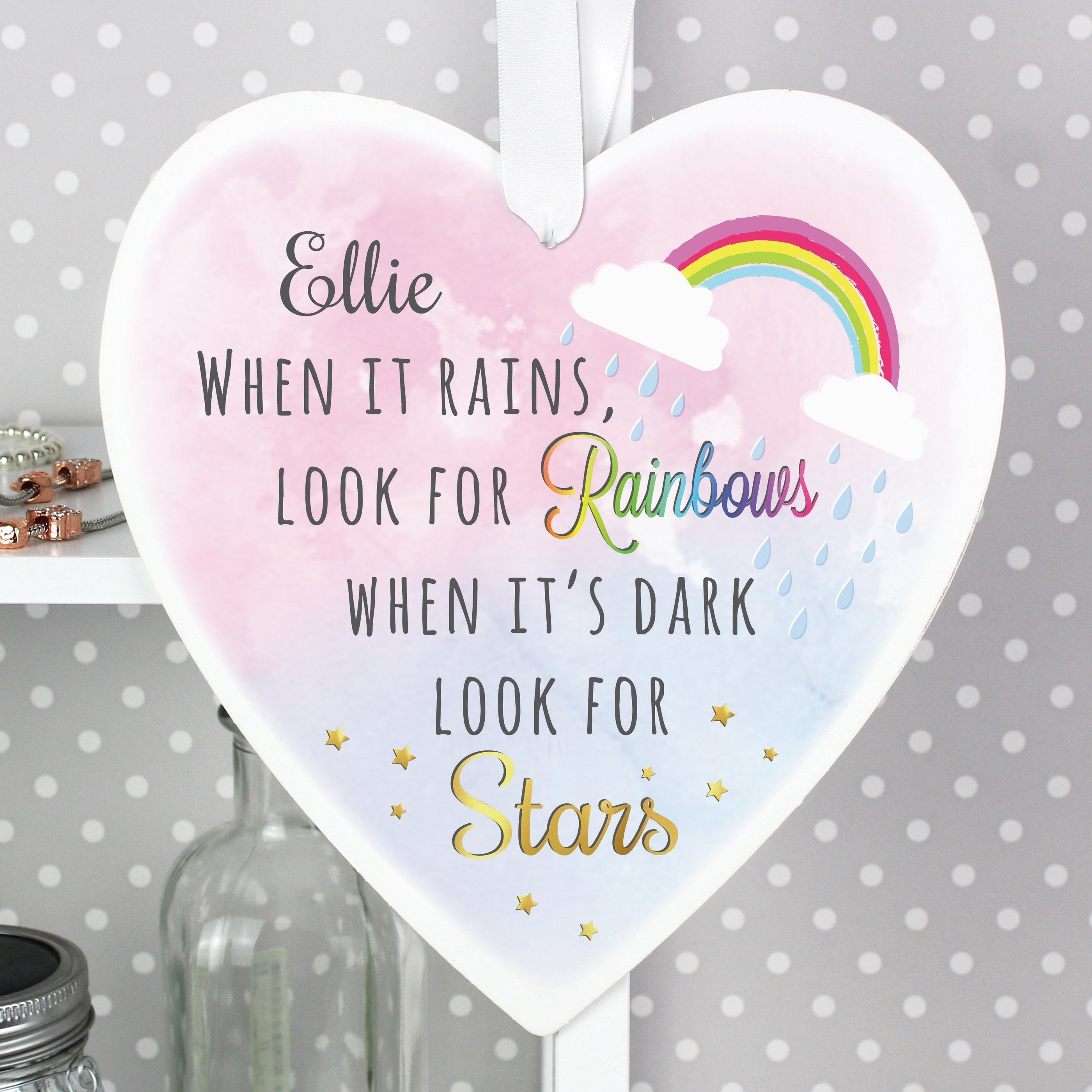 Personalised Rainbows And Stars Large Wooden Heart Decoration
