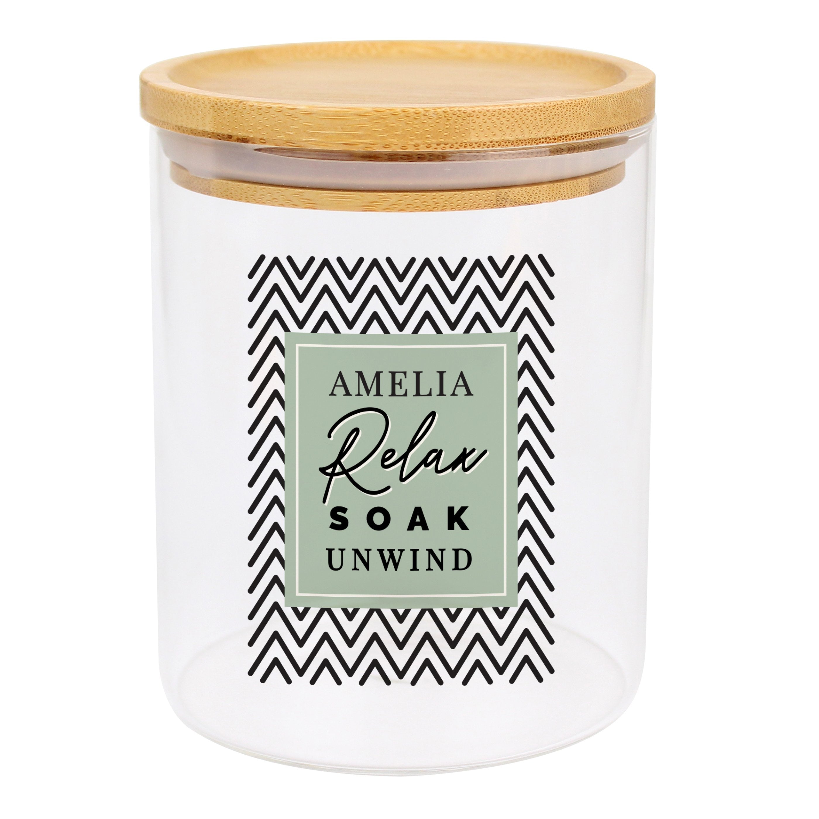 Personalised Relax Soak Unwind Glass Jar With Bamboo Lid