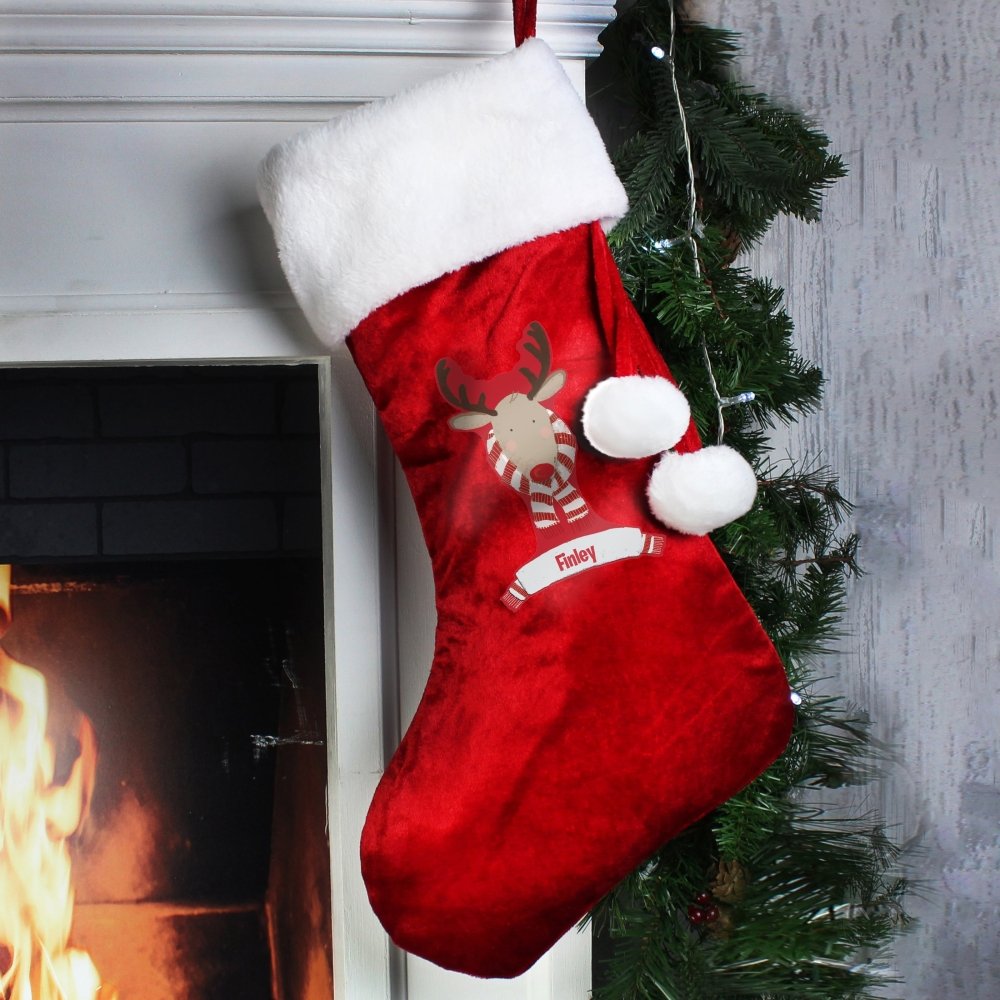 Personalised Retro Reindeer Luxury Red Stocking