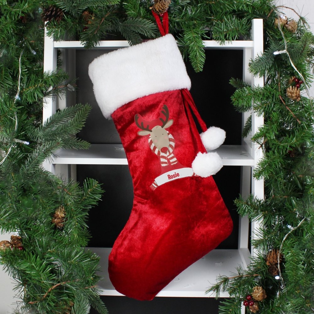 Personalised Retro Reindeer Luxury Red Stocking