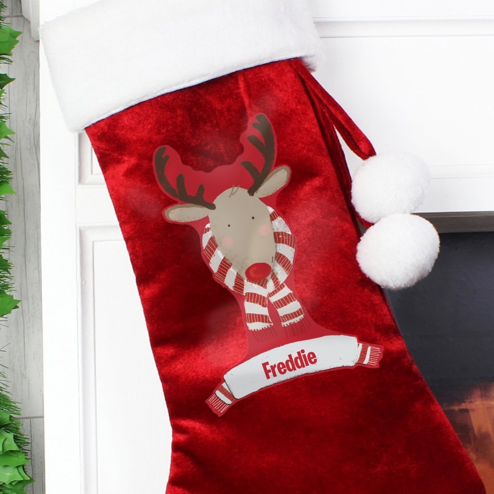 Personalised Retro Reindeer Luxury Red Stocking