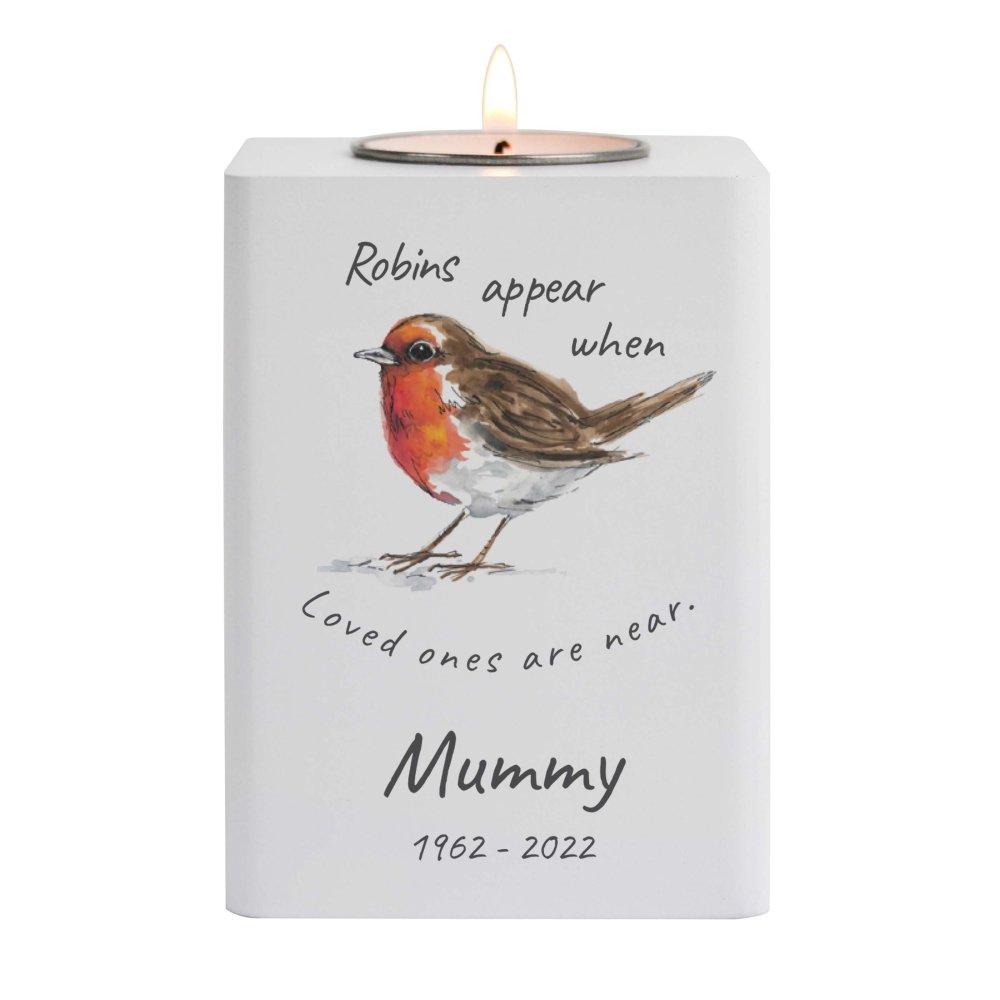 Personalised Robins Appear White Wooden Tea Light Holder