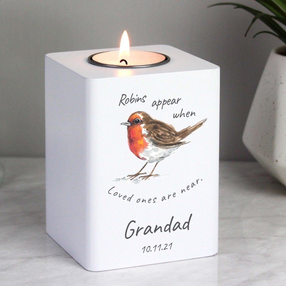 Personalised Robins Appear White Wooden Tea Light Holder