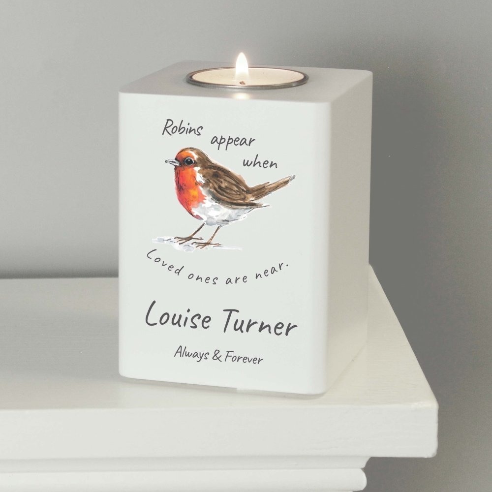 Personalised Robins Appear White Wooden Tea Light Holder