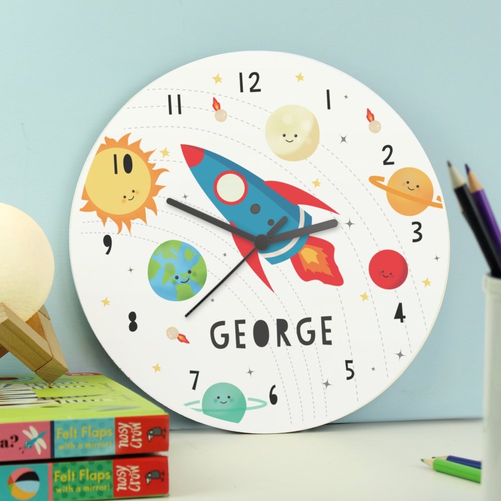 Personalised Rocket In Space Large Wooden Clock