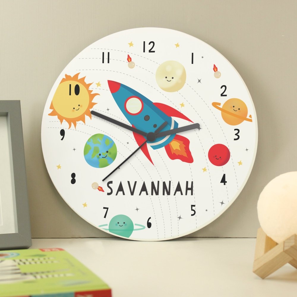 Personalised Rocket In Space Large Wooden Clock