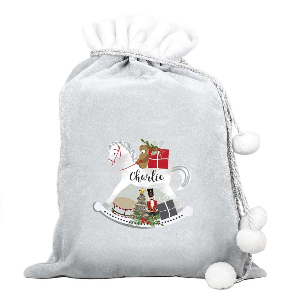 Personalised Rocking Horse Luxury Silver Grey Pom Pom Children's Christmas Sack