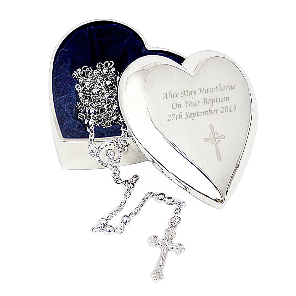 Personalised Rosary Beads And Cross Heart Trinket Box