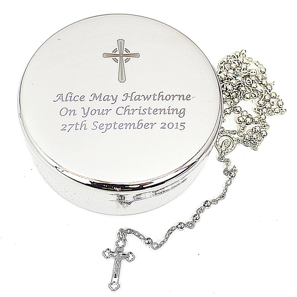 Personalised Rosary Beads And Cross Round Trinket Box