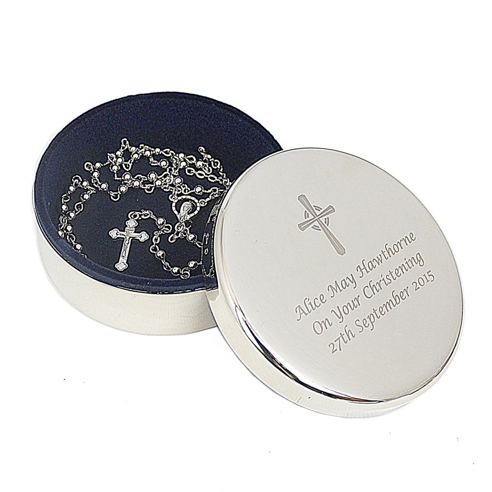 Personalised Rosary Beads And Cross Round Trinket Box