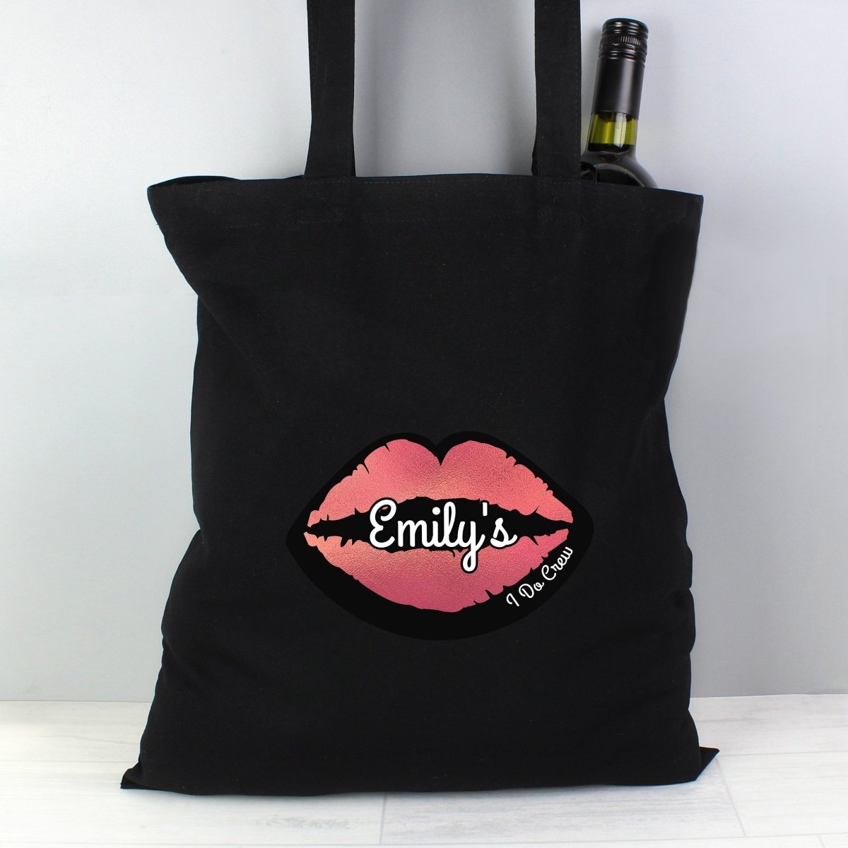 Personalised Rose Gold Lips Hen Party Black Cotton Bag
