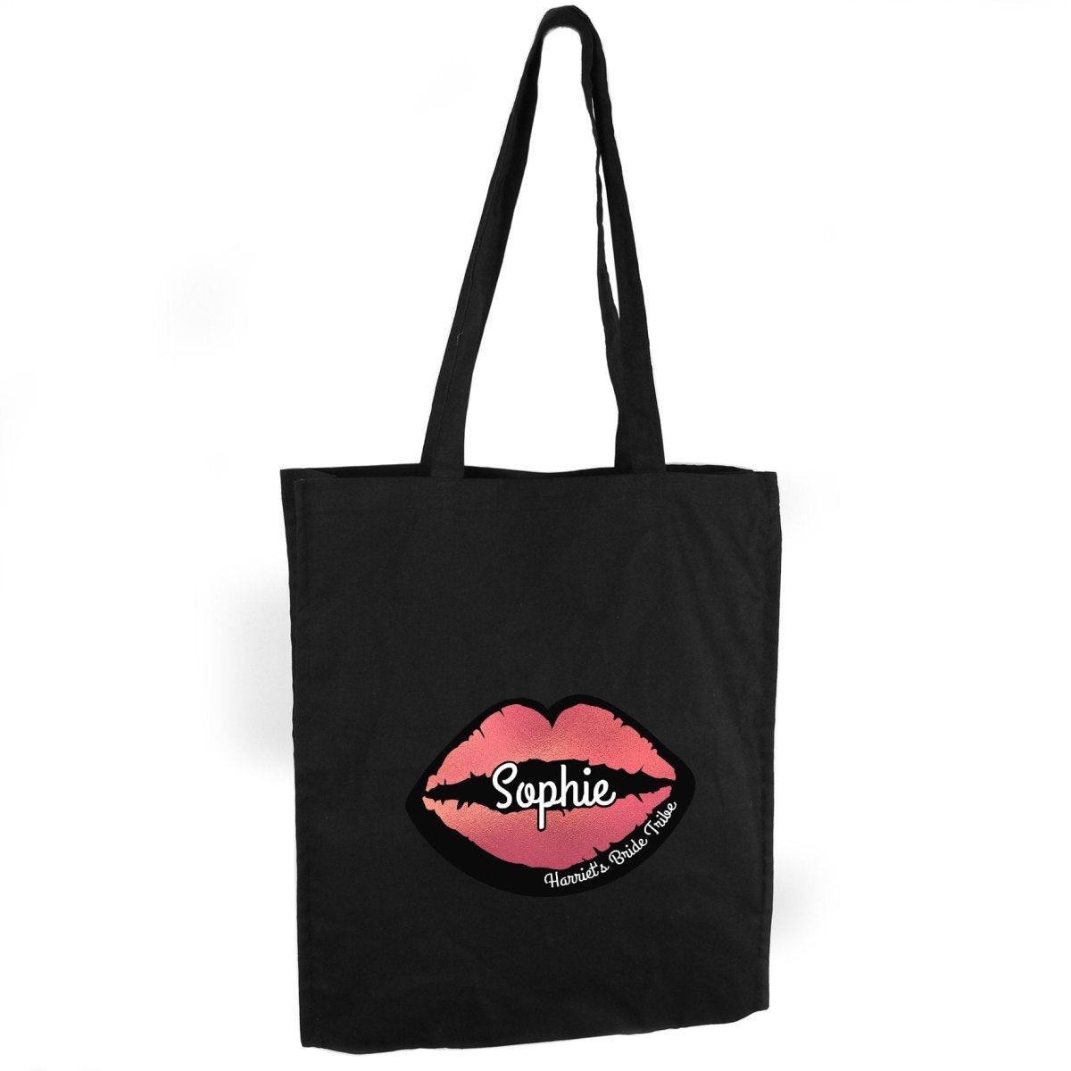 Personalised Rose Gold Lips Hen Party Black Cotton Bag