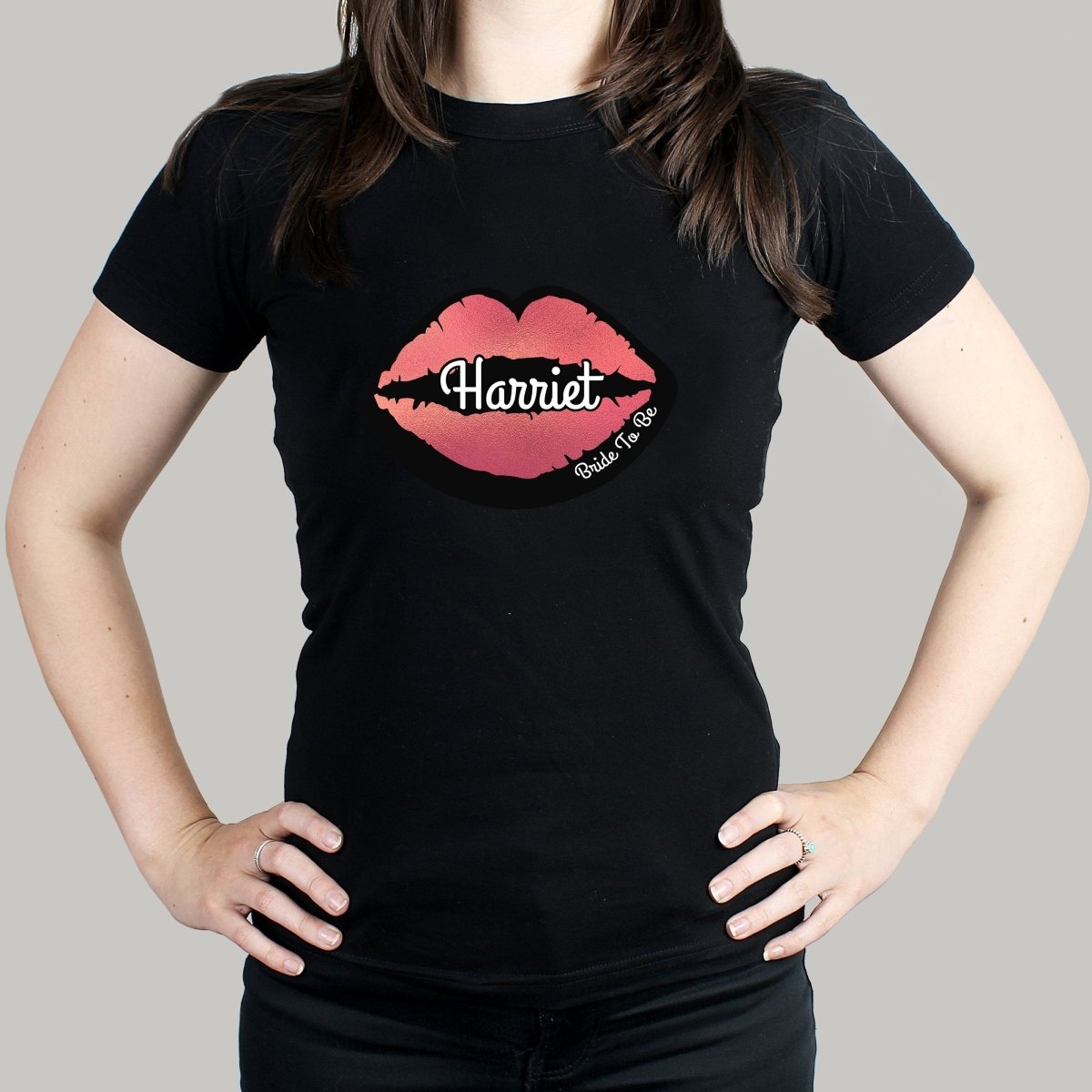 Personalised Rose Gold Lips Hen Party T-Shirt - Black Large