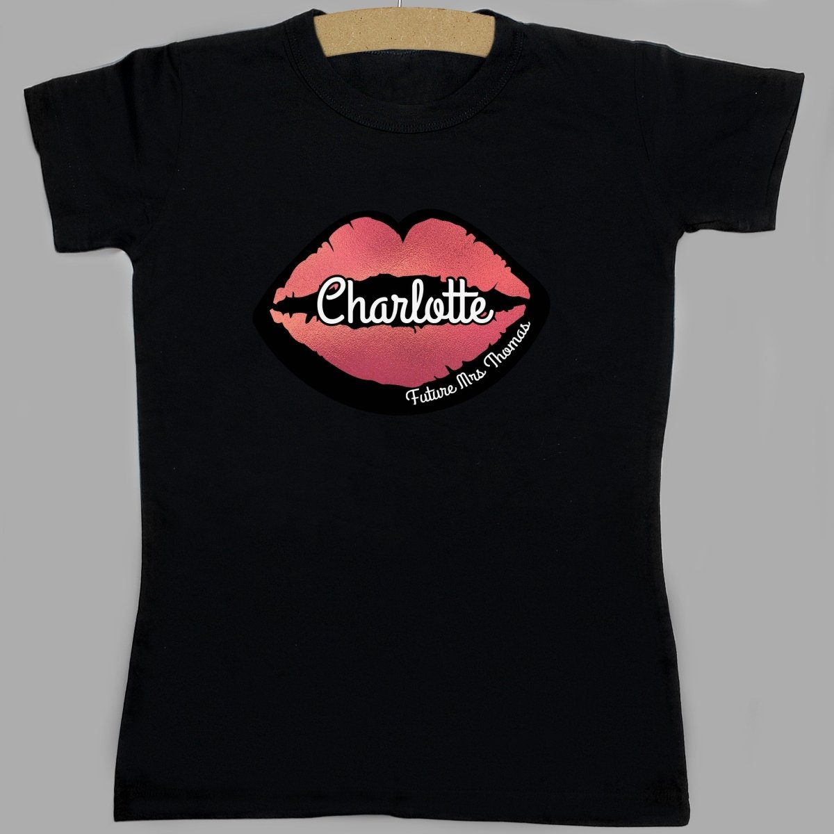 Personalised Rose Gold Lips Hen Party T-Shirt - Black Large