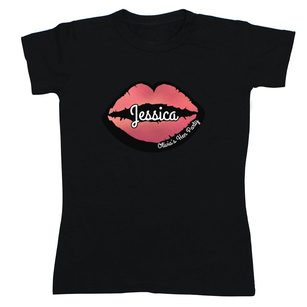 Personalised Rose Gold Lips Hen Party T-Shirt - Black Medium