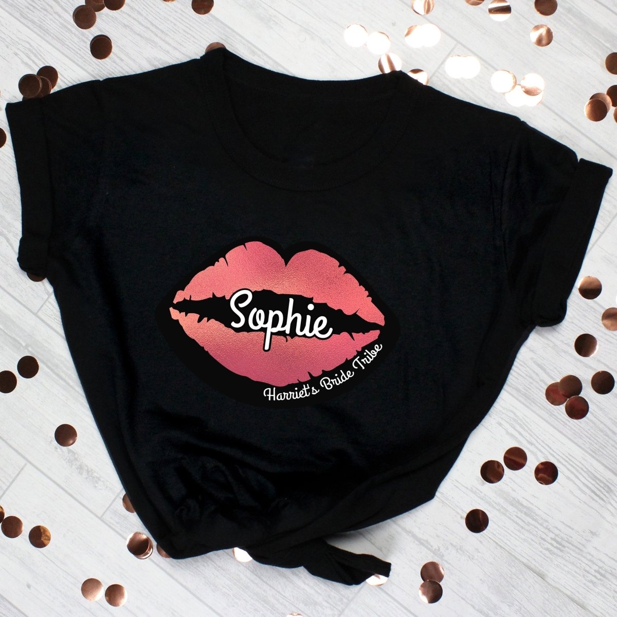 Personalised Rose Gold Lips Hen Party T-Shirt - Black Medium