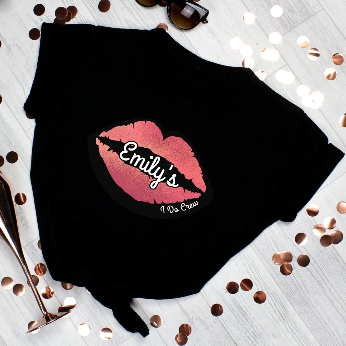 Personalised Rose Gold Lips Hen Party T-Shirt - Black XL