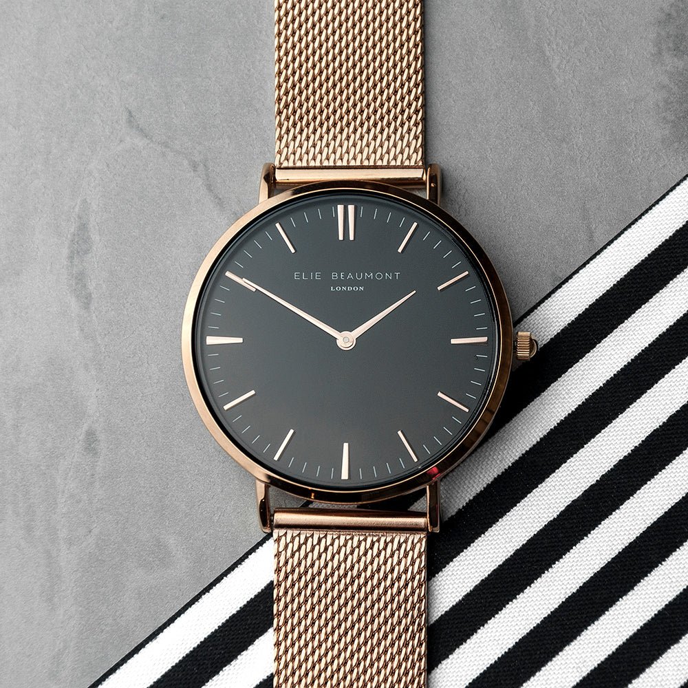 Personalised Rose Gold Mesh Strapped Watch With Black Dial