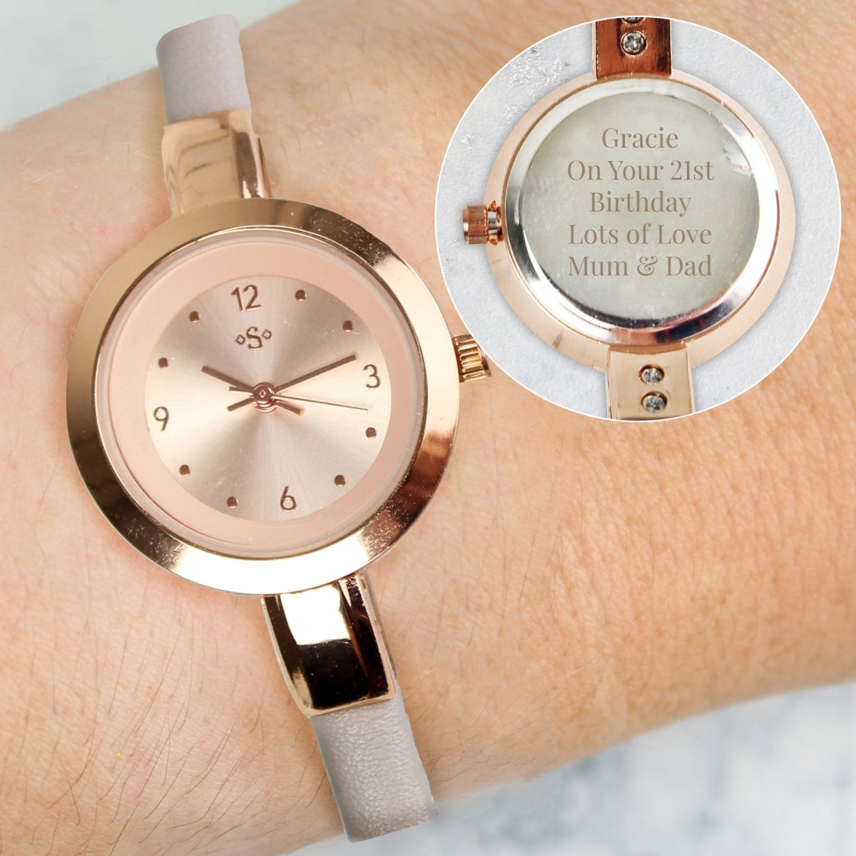 Personalised Rose Gold With Faux Leather Strap Ladies Watch
