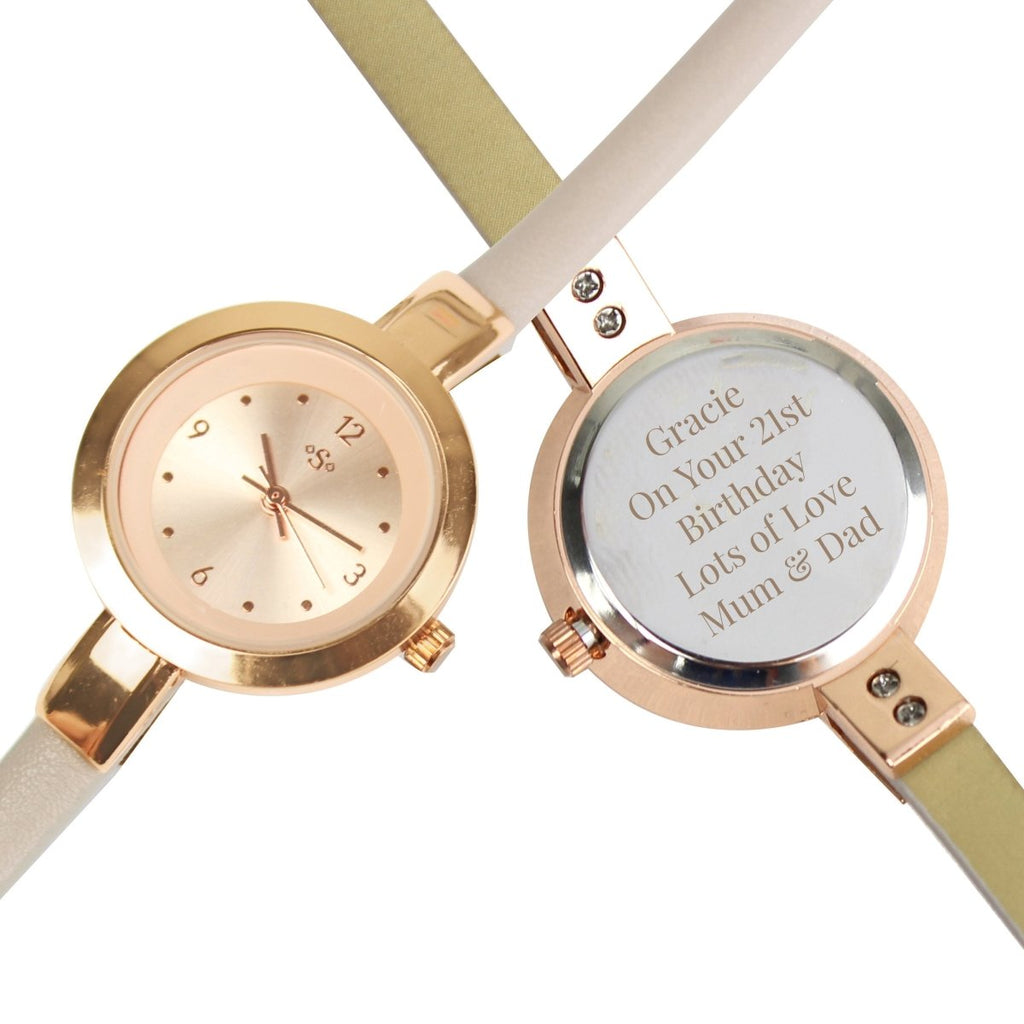 Personalised Rose Gold With Faux Leather Strap Ladies Watch