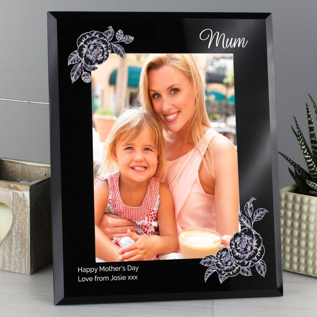 Personalised Rose Sketch 5x7 Inch Black Glass Photo Frame
