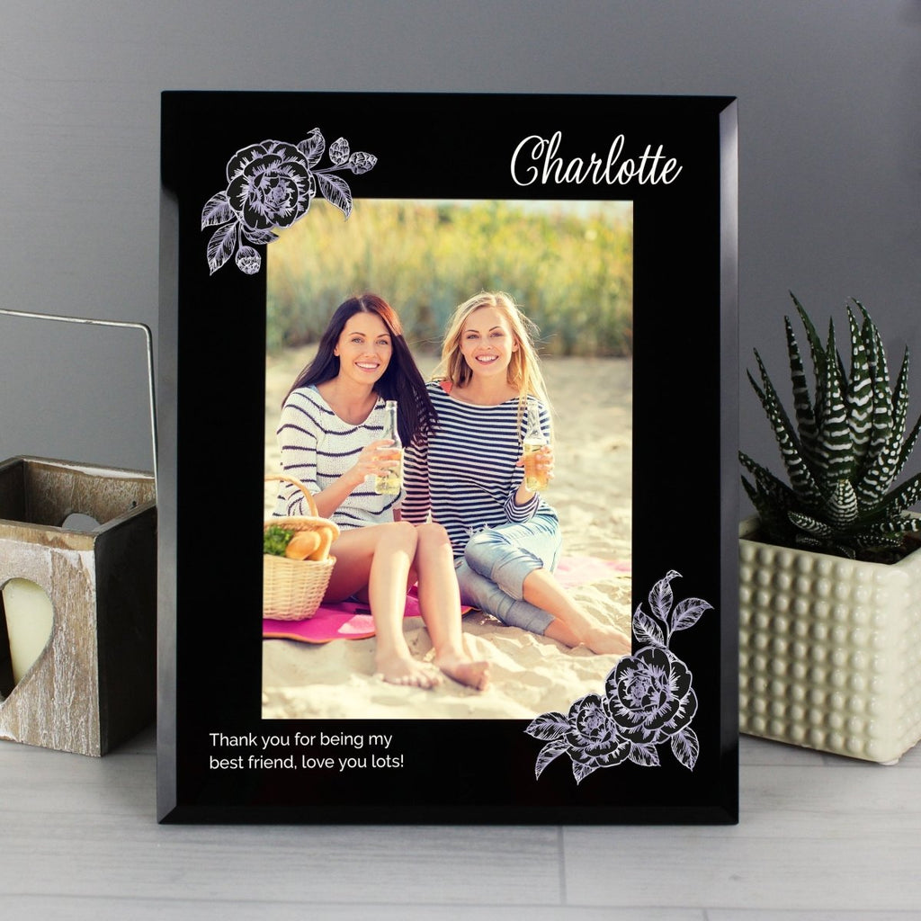 Personalised Rose Sketch 5x7 Inch Black Glass Photo Frame