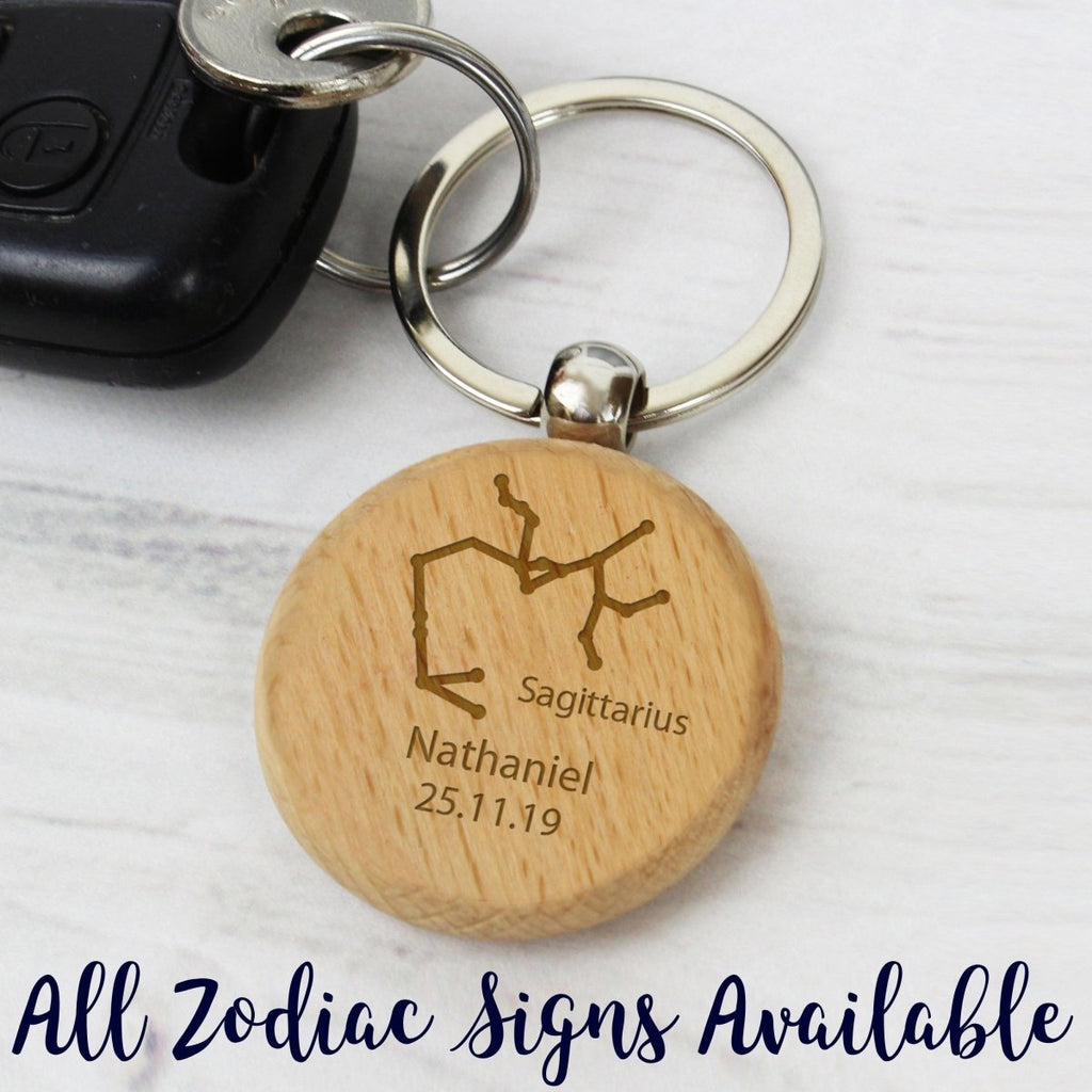 Personalised Sagittarius Zodiac Star Sign Wooden Keyring (November 22nd - December 21st)