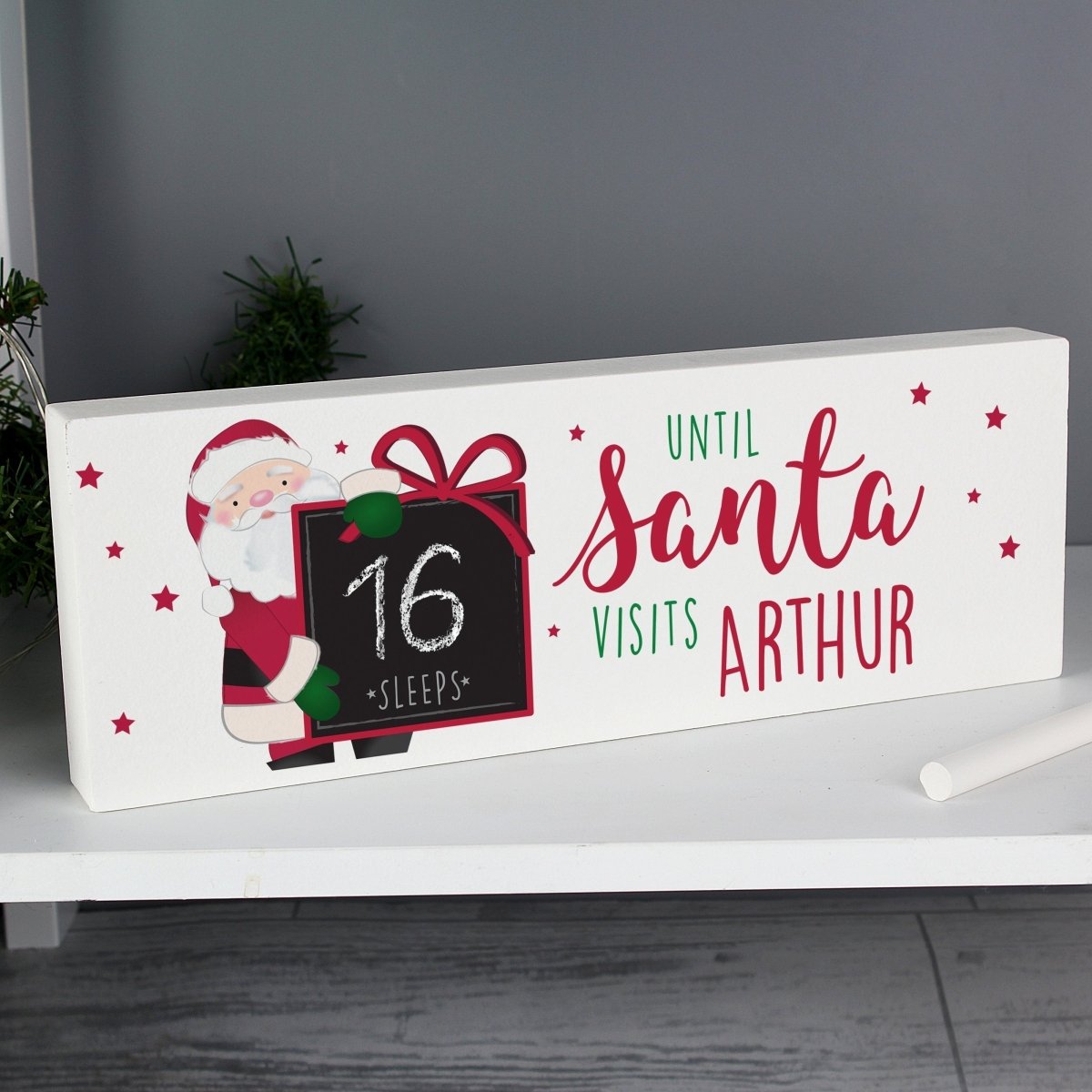 Personalised Santa Christmas Chalk Countdown Wooden Block Sign
