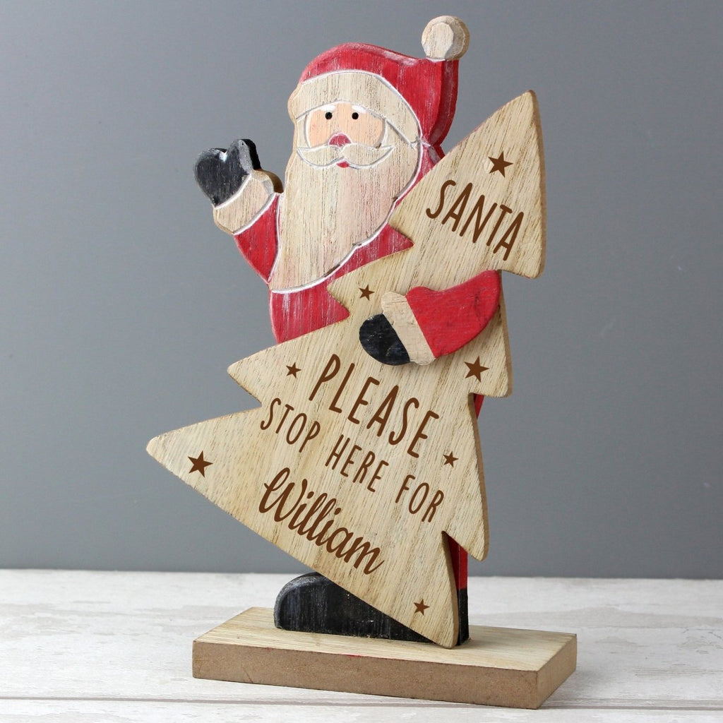Personalised Santa Stop Here Wooden Santa Decoration