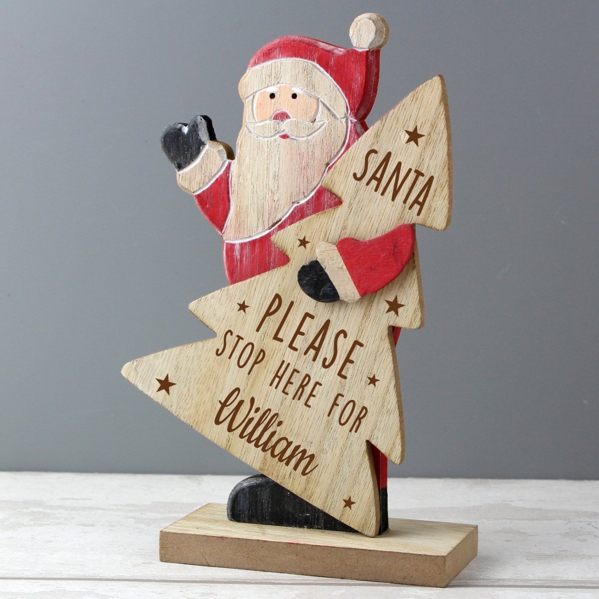 Personalised Santa Stop Here Wooden Santa Decoration
