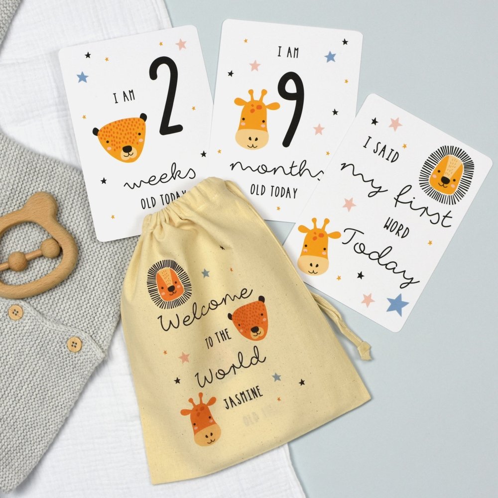 Personalised Scandi Safari Animals Milestone Cards In Drawstring Bag