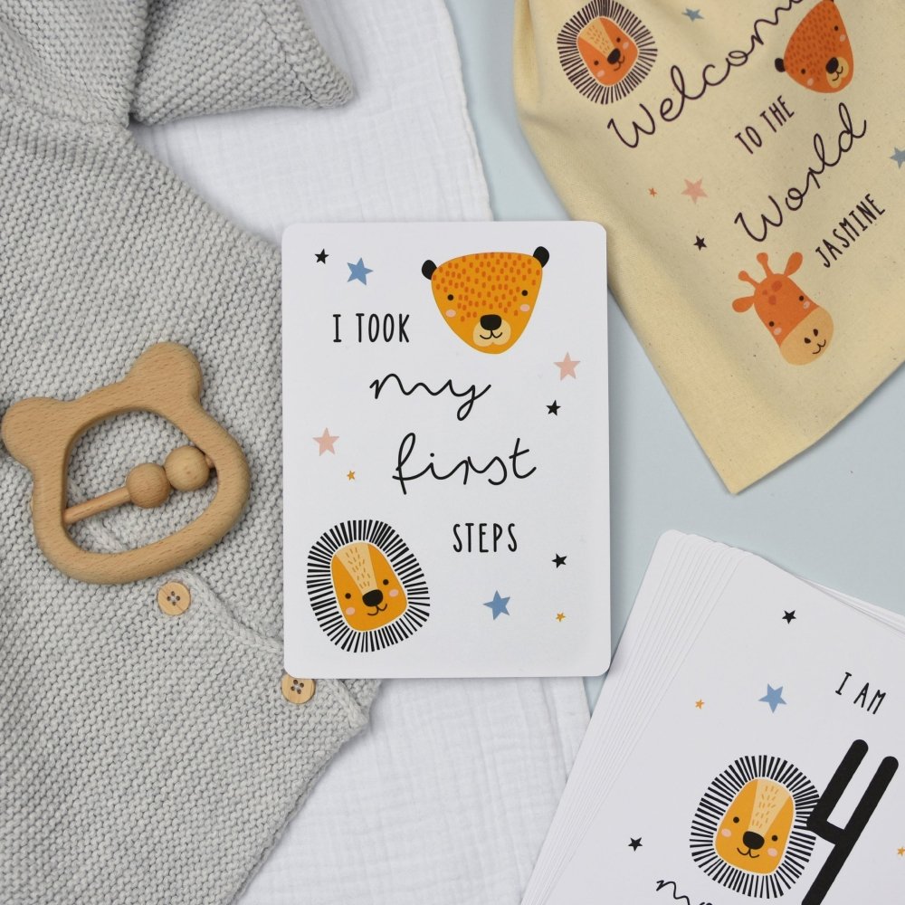 Personalised Scandi Safari Animals Milestone Cards In Drawstring Bag