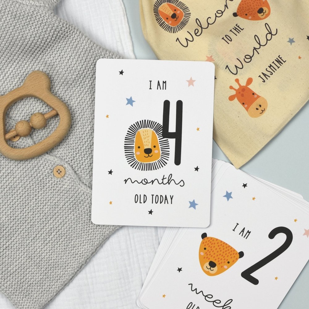 Personalised Scandi Safari Animals Milestone Cards In Drawstring Bag