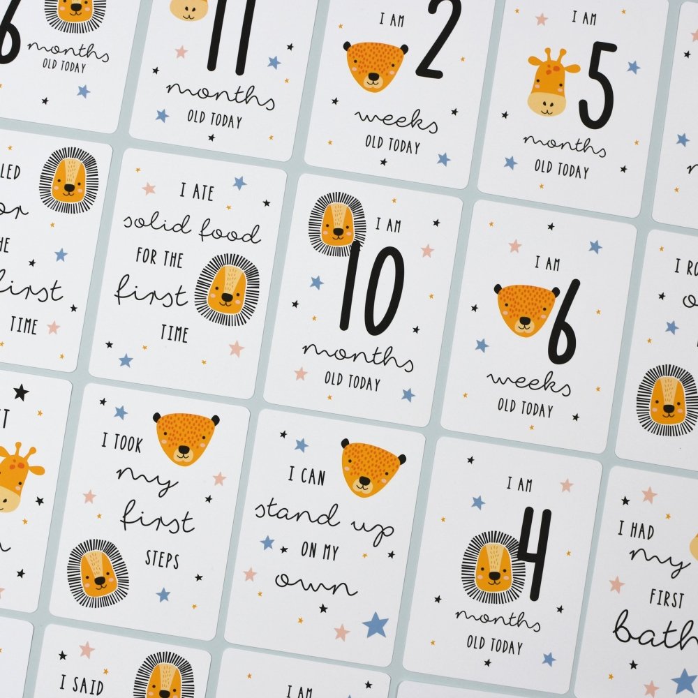 Personalised Scandi Safari Animals Milestone Cards In Drawstring Bag