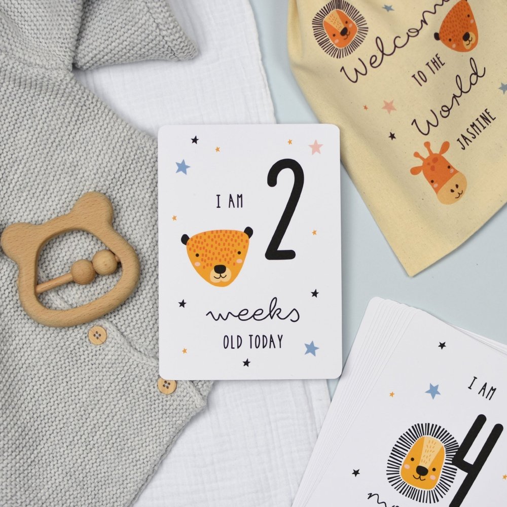 Personalised Scandi Safari Animals Milestone Cards In Drawstring Bag