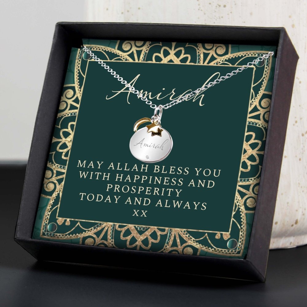 Personalised Sentiment Eid And Ramadan Disc Necklace And Box