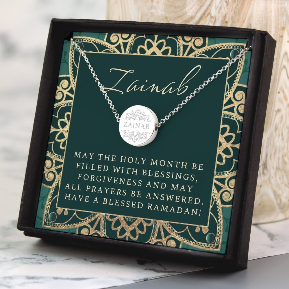 Personalised Sentiment Eid Moon & Star Sterling Silver Necklace And Box