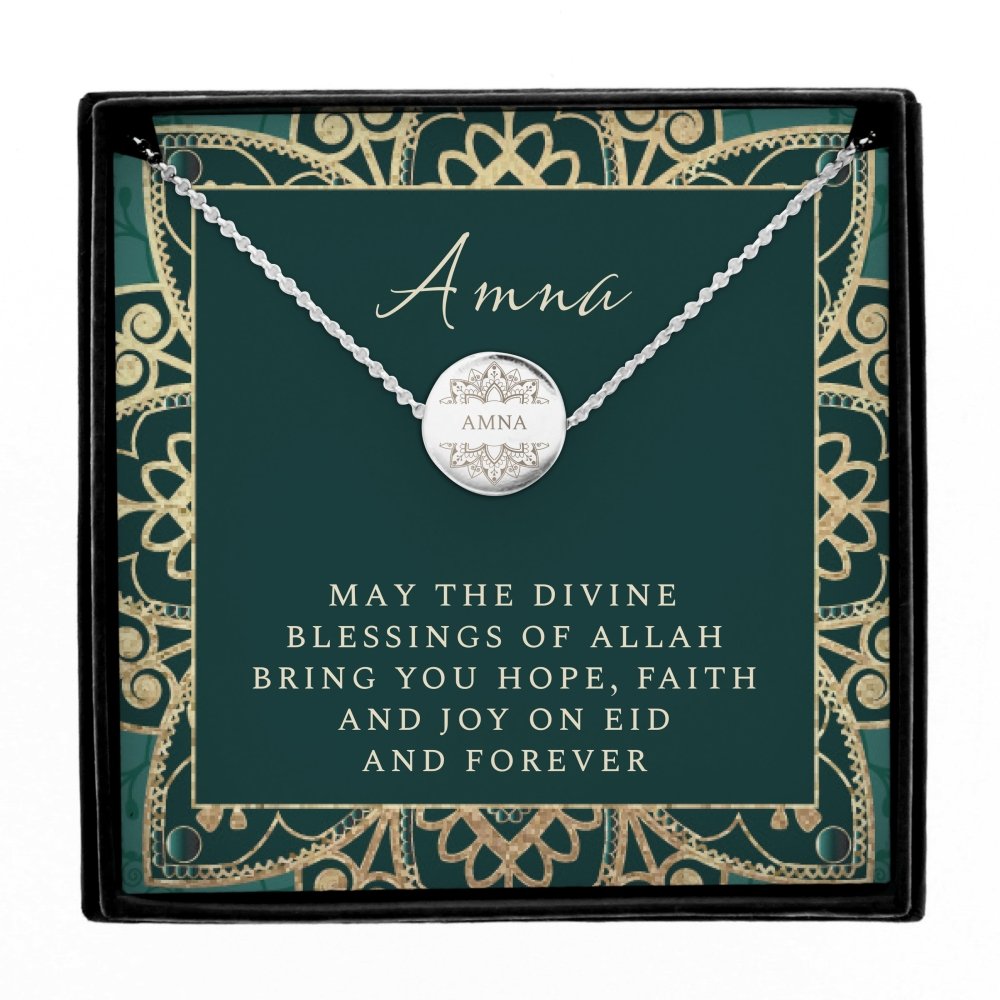 Personalised Sentiment Eid Moon & Star Sterling Silver Necklace And Box
