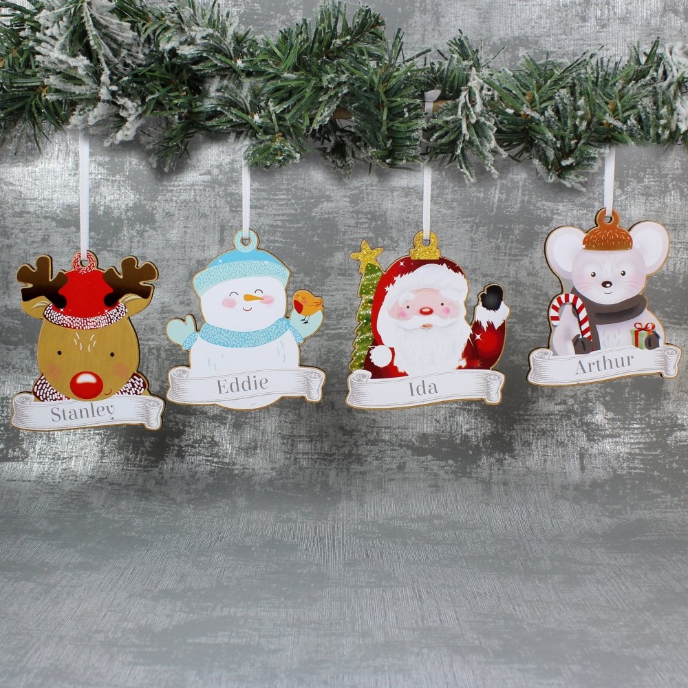 Personalised Set Of Four Colourful Christmas Characters Wooden Hanging Decorations