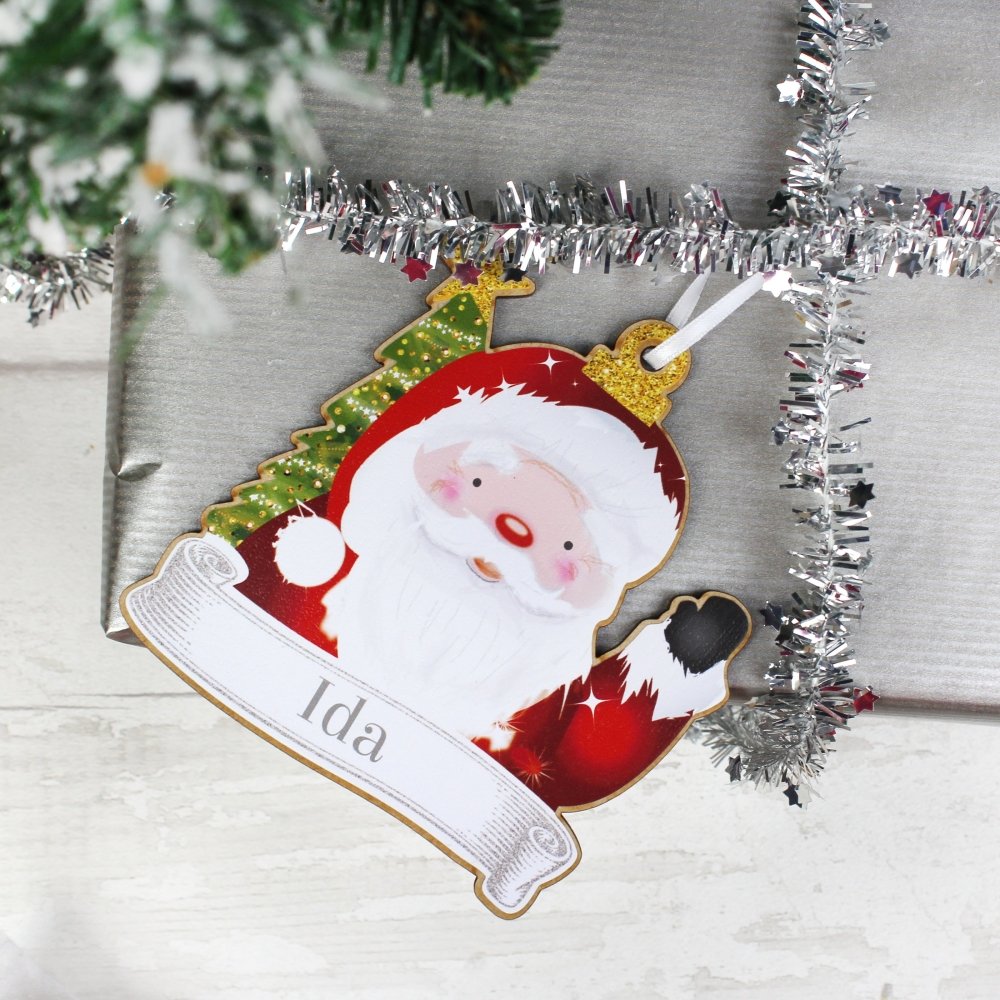 Personalised Set Of Four Colourful Christmas Characters Wooden Hanging Decorations