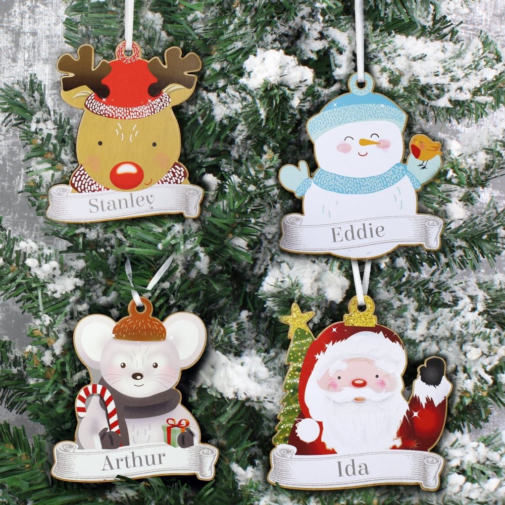 Personalised Set Of Four Colourful Christmas Characters Wooden Hanging Decorations