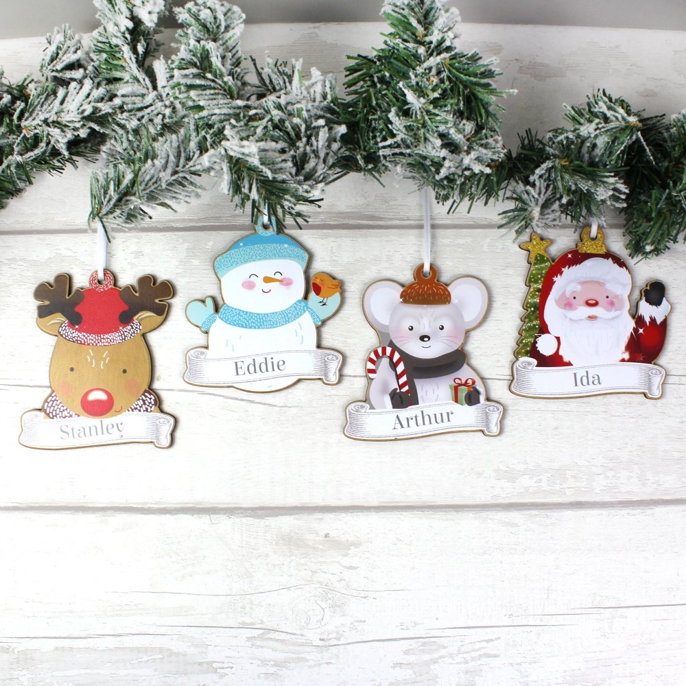 Personalised Set Of Four Colourful Christmas Characters Wooden Hanging Decorations