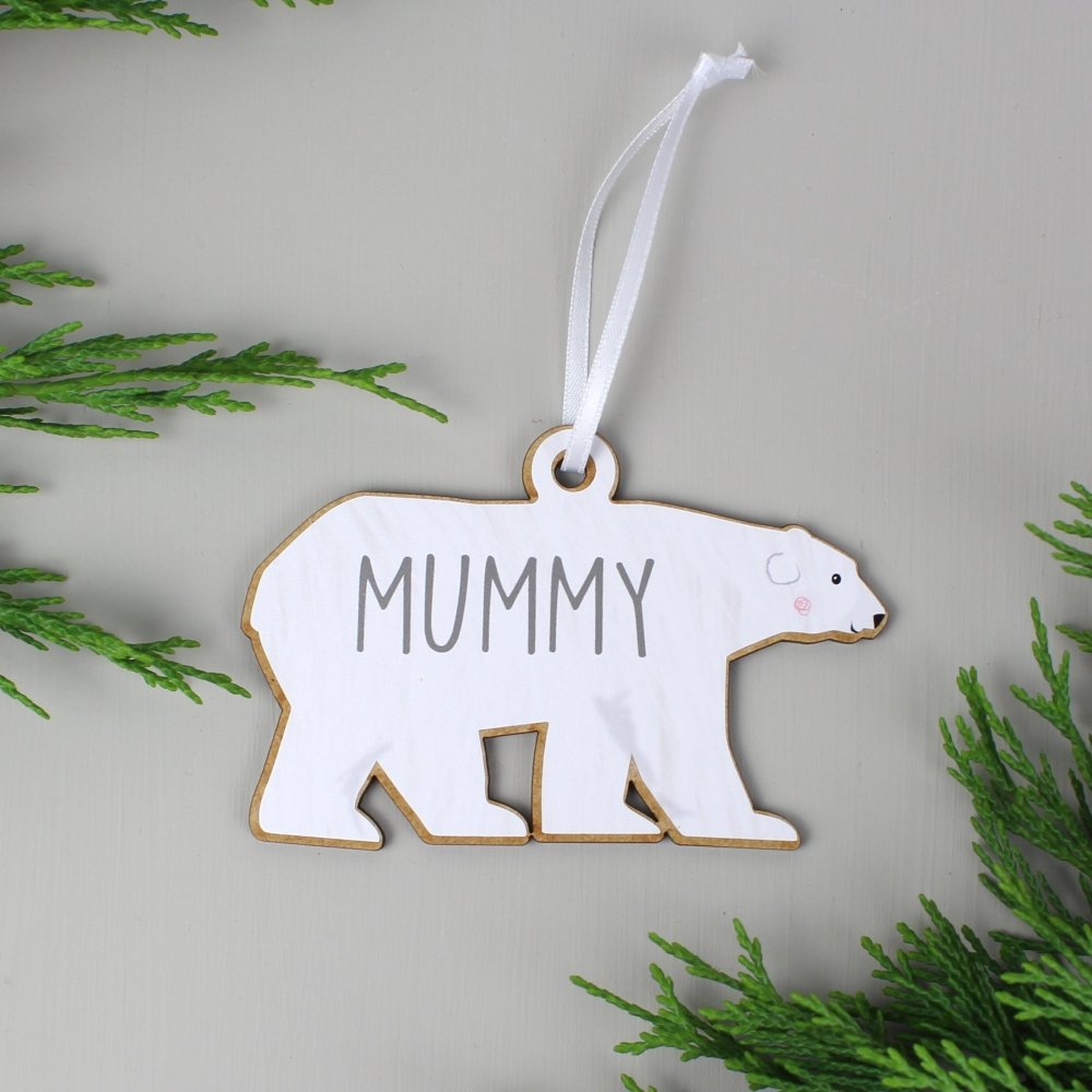 Personalised Set Of Four Polar Bear Family Wooden Hanging Decorations