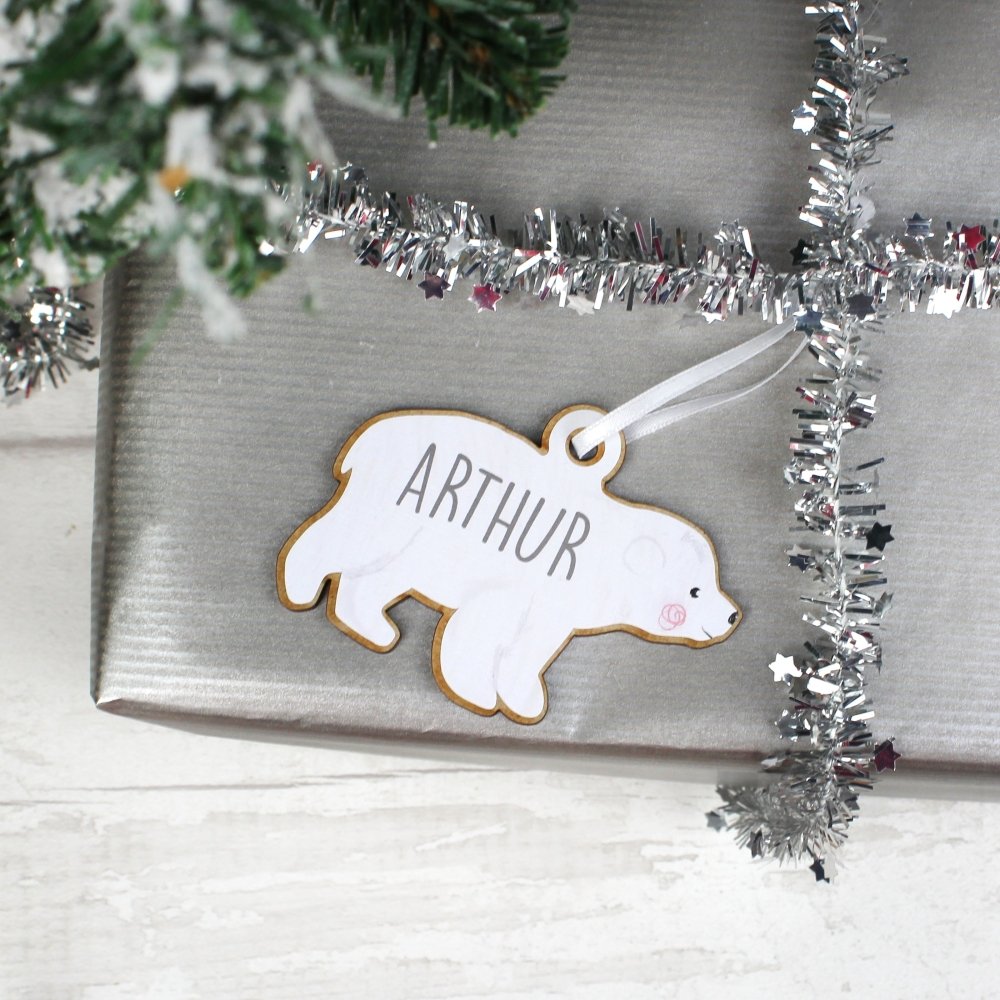 Personalised Set Of Four Polar Bear Family Wooden Hanging Decorations